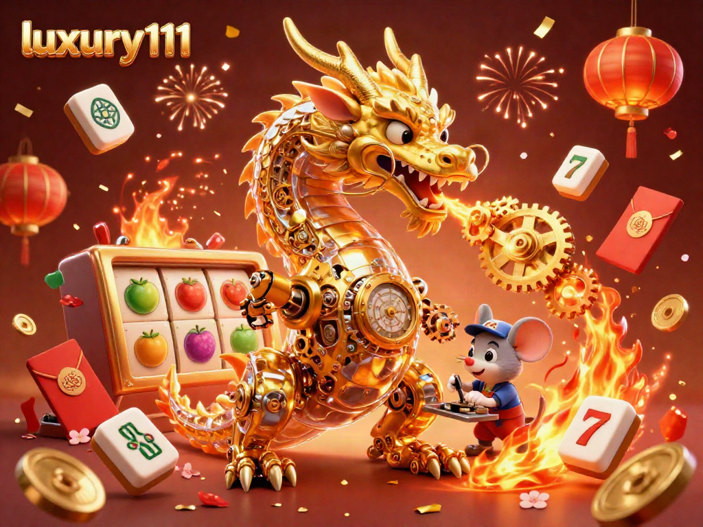 Experience luxury111 with an energetic slot adventure featuring a golden dragon and vibrant casino symbols.
