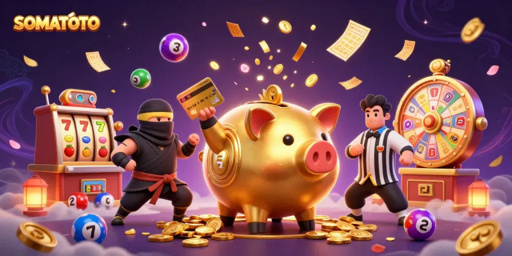 Experience thrilling gameplay with SOMATOTO's energetic casino scene featuring dynamic slots and colorful elements.