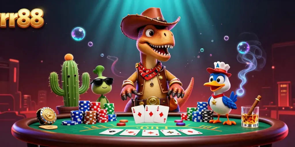 Experience thrilling poker action at rr88 with a vibrant illustration featuring a T-Rex, cactus, and roadrunner characters.