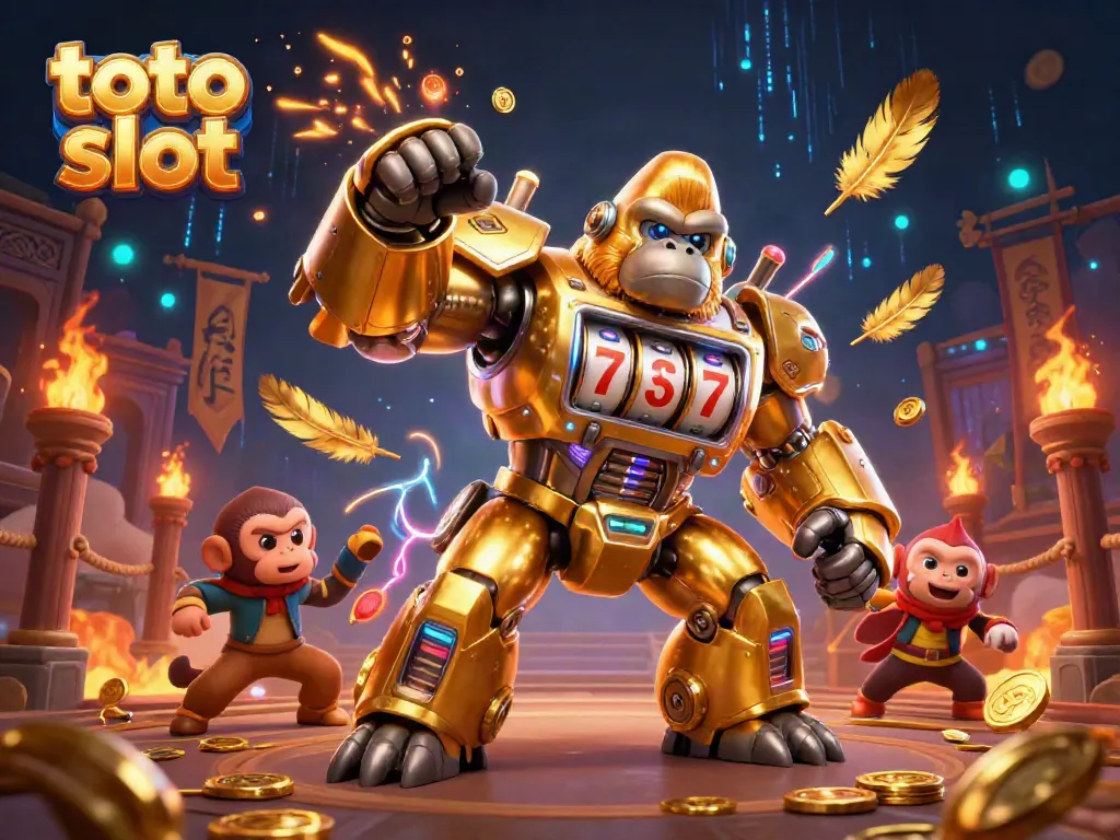 Menghadirkan toto slot dengan gorila emas 3D dan mekanisme mesin slot, dikelilingi koin emas dan partikel berapi-api.