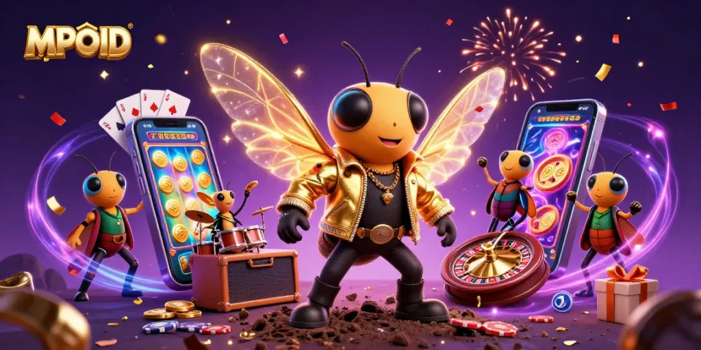 MPOID animated illustration featuring a cicada rock star in a golden jacket celebrating winnings with slot games and poker elements.