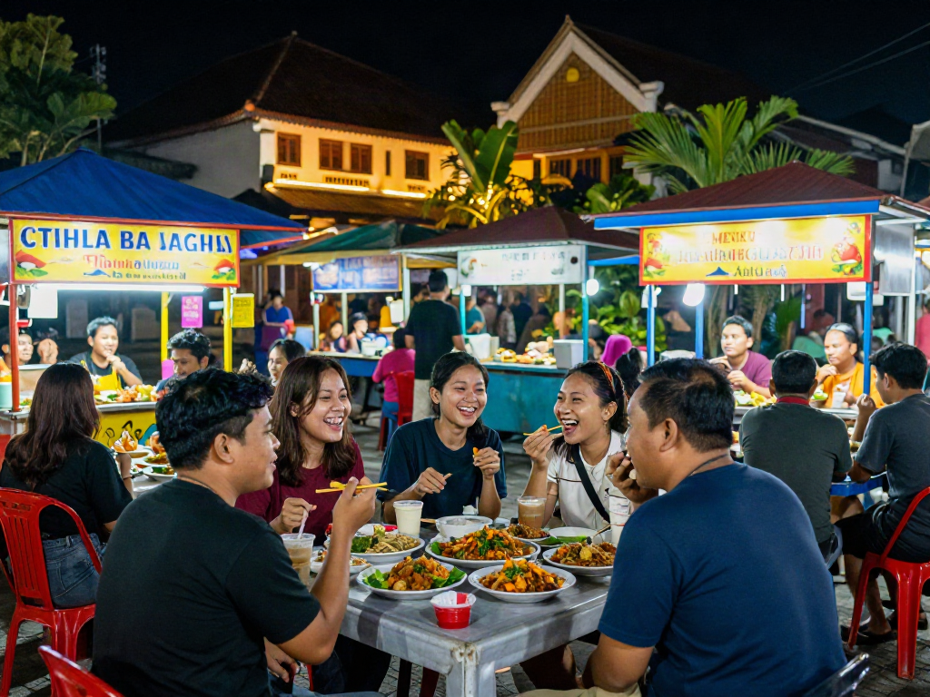 Menikmati cirebon toto dengan makanan jalanan lokal yang penuh warna.