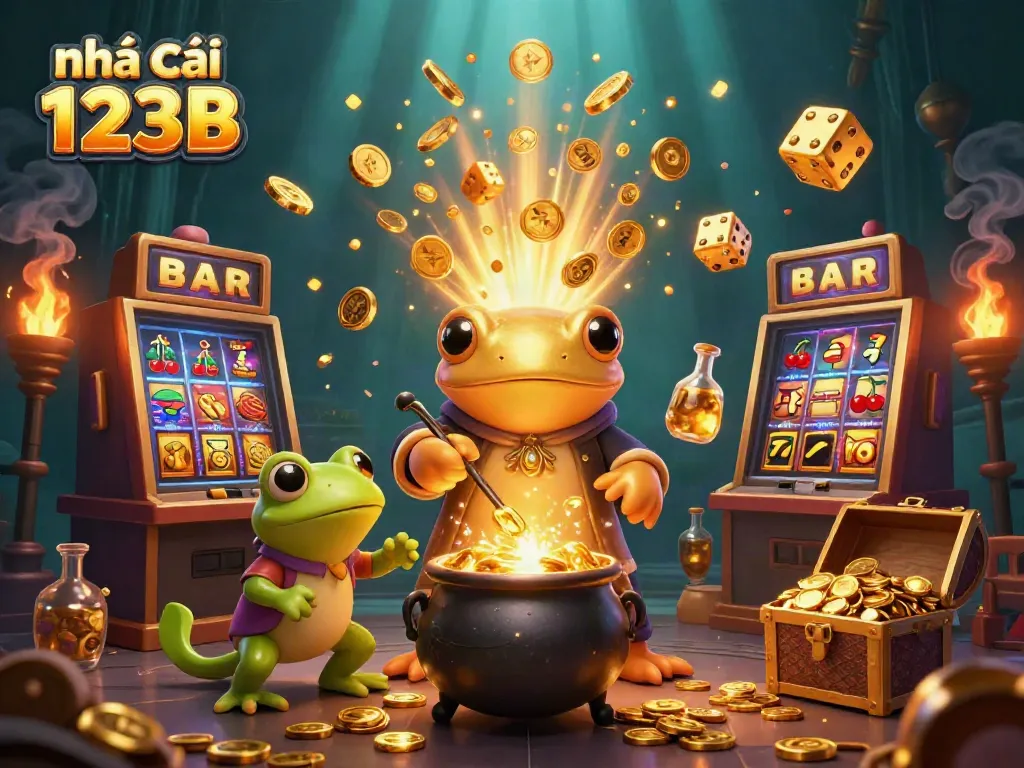 Win big with nhà cái 123B in an enchanting 3D casino scene, full of vibrant gaming elements.