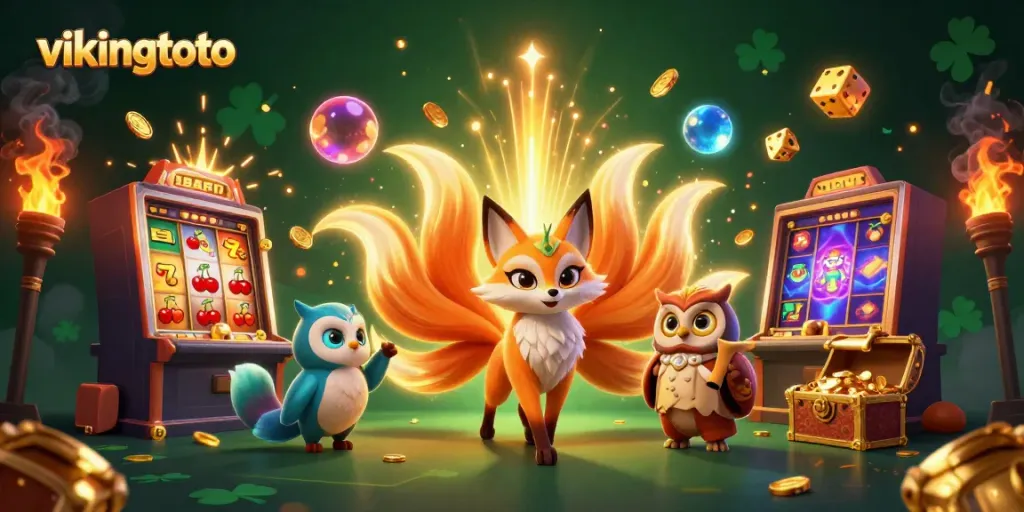 Vikingtoto showcases a vibrant scene of a nine-tailed fox and wise owl amid dynamic casino elements.