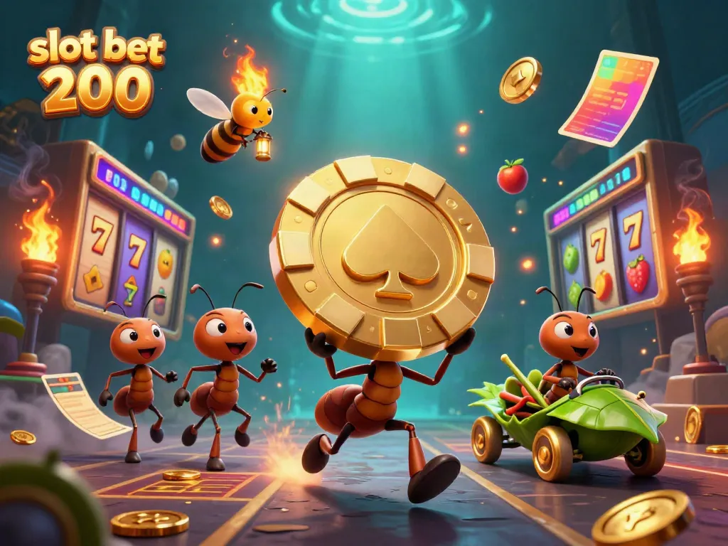 Slot bet 200 dengan karakter kartun semut mencuri chip poker emas besar di bawah cahaya lentera.