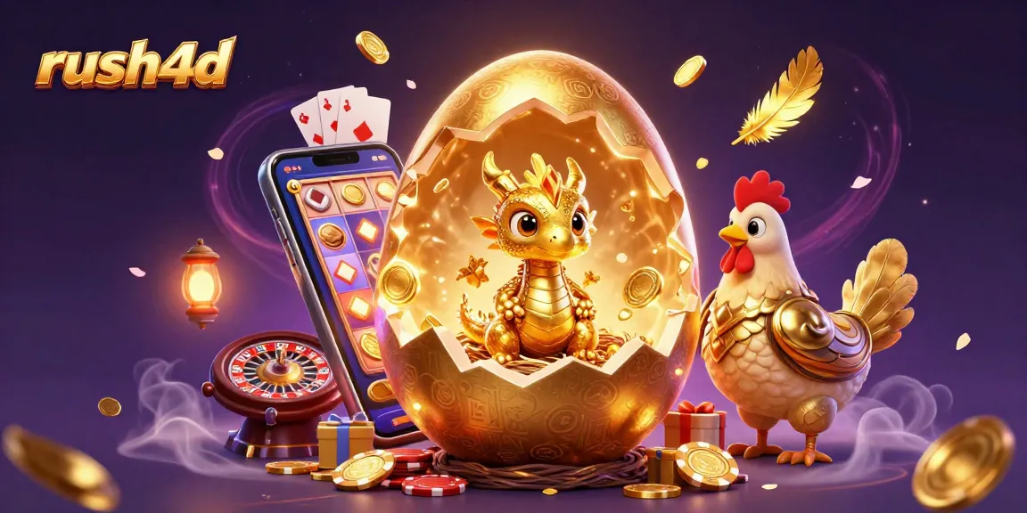 Rasakan sensasi permainan rush4d yang mendebarkan dengan naga emas dan chip poker.