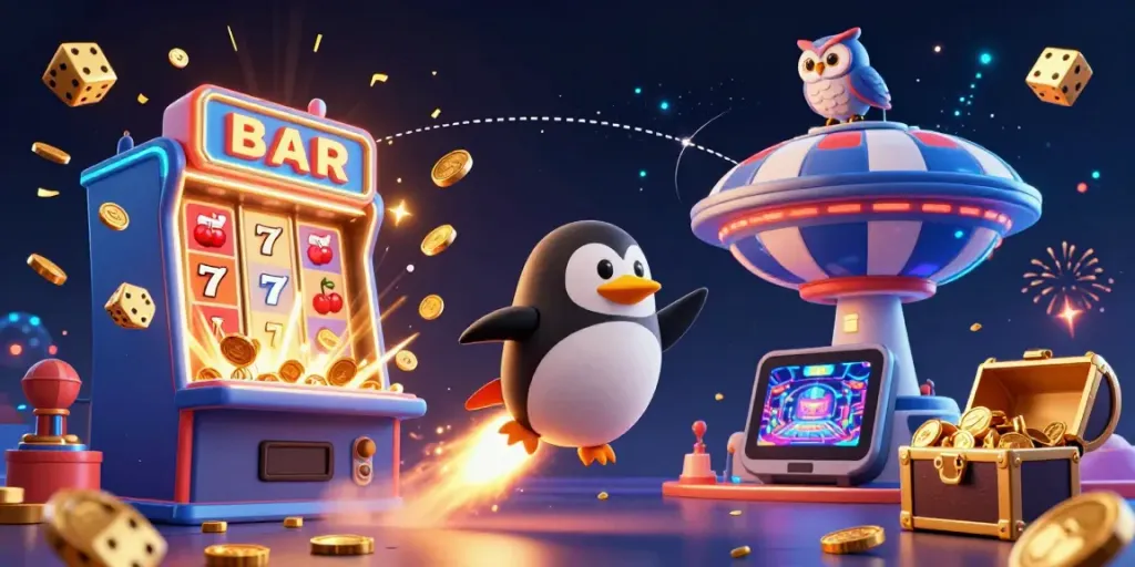 LUCUBET showcases a vibrant, dynamic casino space scene with a golden penguin and a jackpot explosion of coins.