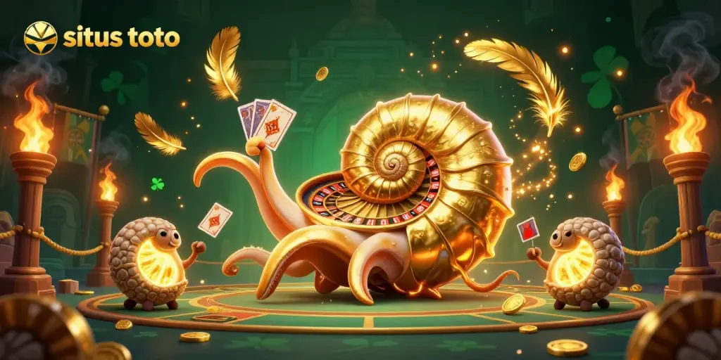 Engage in situs toto with a vibrant scene featuring a giant nautilus roulette wheel and glowing ammonites.