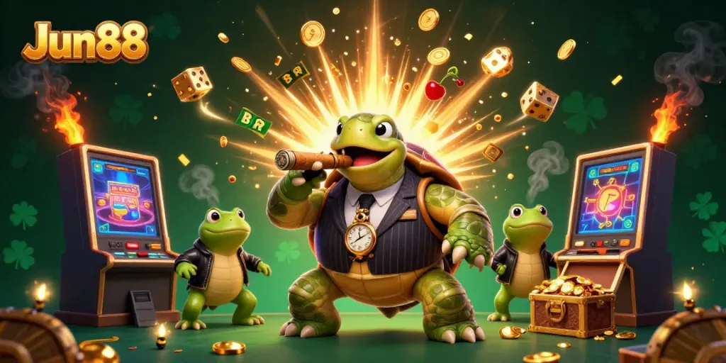 Experience Jun88's thrilling jackpot with a dynamic scene featuring characters and vibrant casino elements.
