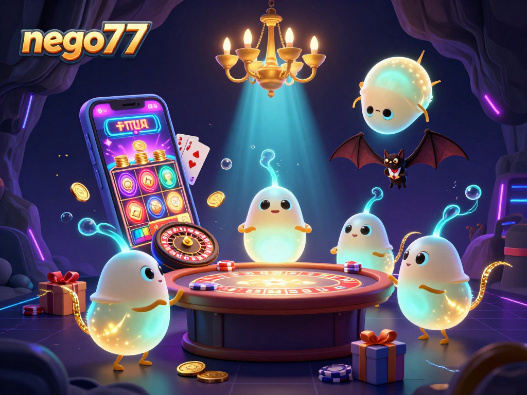 Nego77 lights up the casino scene with a team of glowworms and a bat dealer in a vibrant colorful atmosphere.