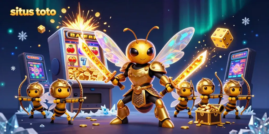 Gambarlah situs toto dengan simbol jackpot dan karakter beruang emas bersenjatakan katana.