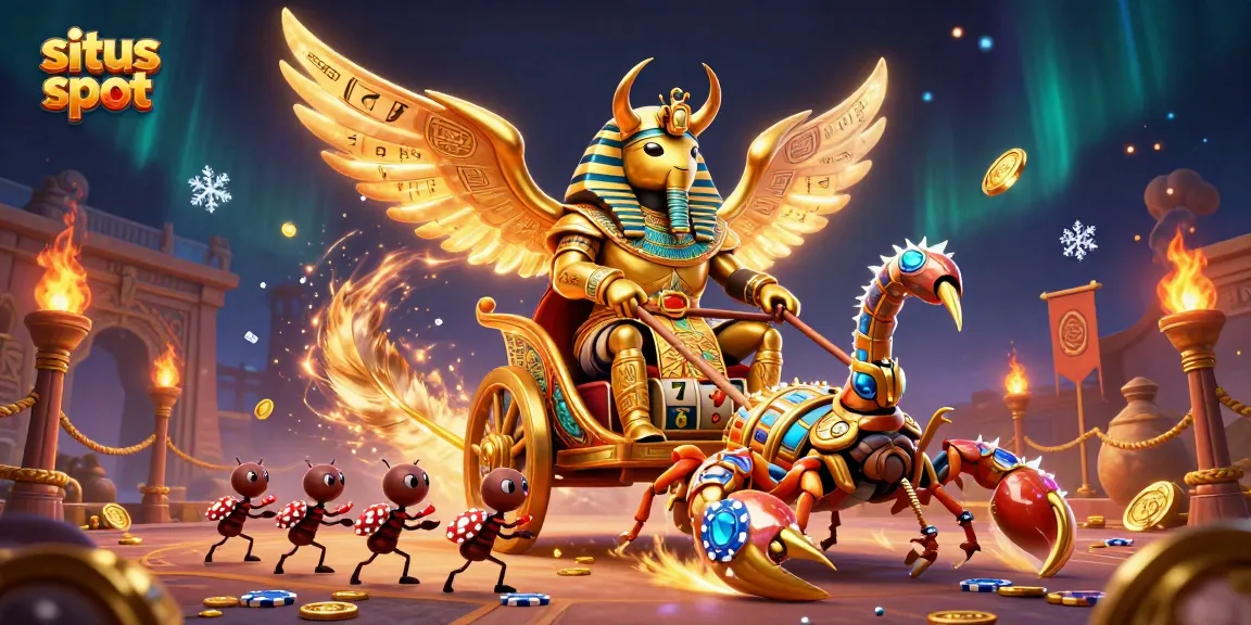 Experience situs slot excitement with a golden scarab beetle, slot reels, and explosive casino energy.