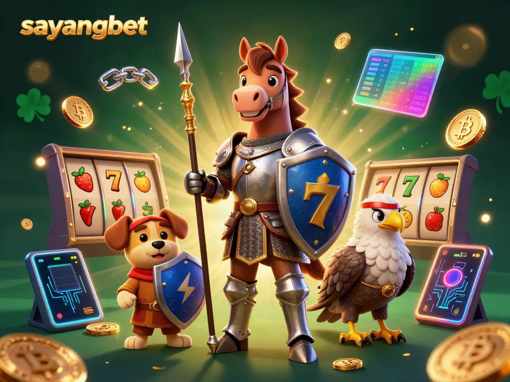 Experience the thrilling world of sayangbet with a 3D illustrated scene of a knight, squire, and falcon amidst vibrant casino elements.