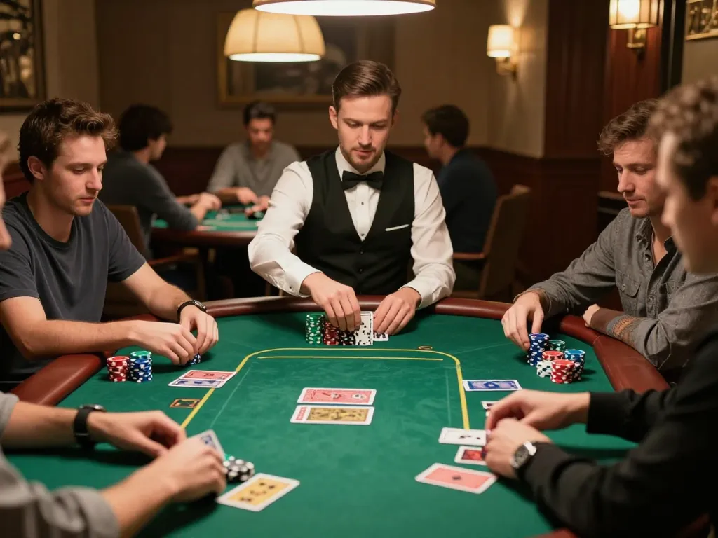 Juraganbola players strategizing during an intense poker game with chips and cards