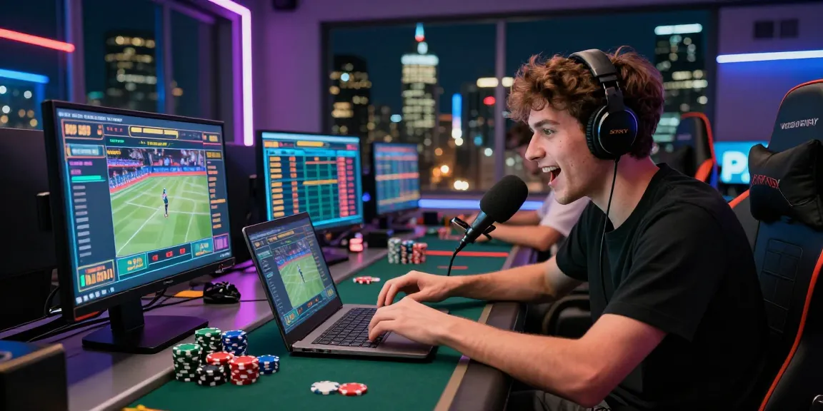 Exciting online betting scene featuring situs raffi ahmad on a laptop in a modern urban setup.