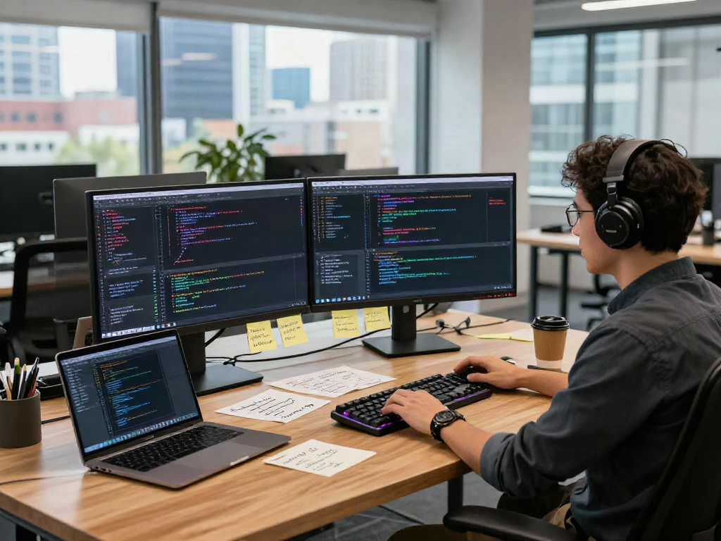 Workspace pengembangan perangkat lunak SGA33 dengan pengembang bekerja di meja modern, berbagai monitor menampilkan kode berwarna dan produk desain.