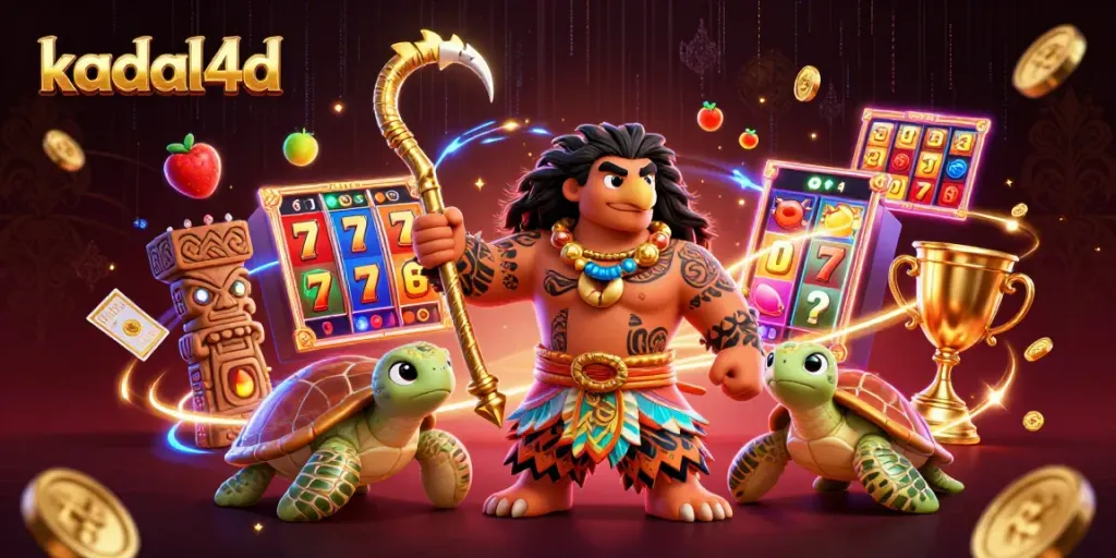 Experience thrilling gameplay at kadal4d with vibrant slot machines, golden trophies, and action-packed gaming elements.