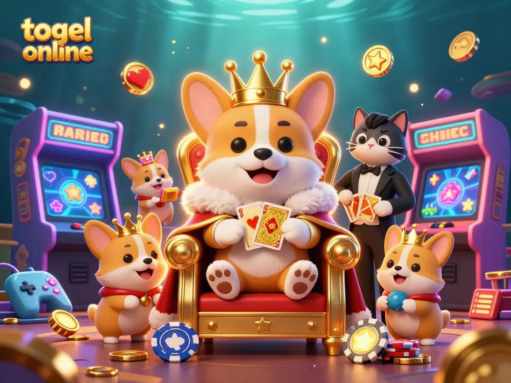 Permainan togel online dengan corgi kerajaan dan elemen kasino yang menarik.