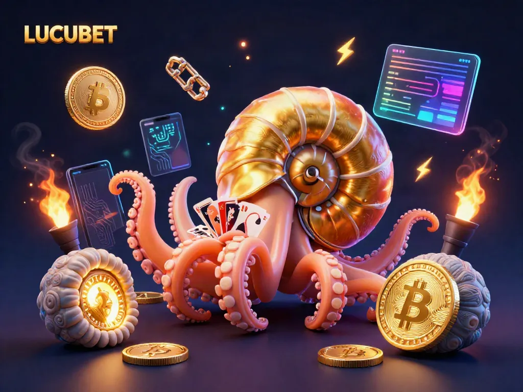 Engage with LUCUBET's vibrant online casino scene featuring a unique nautilus roulette wheel and crypto elements.