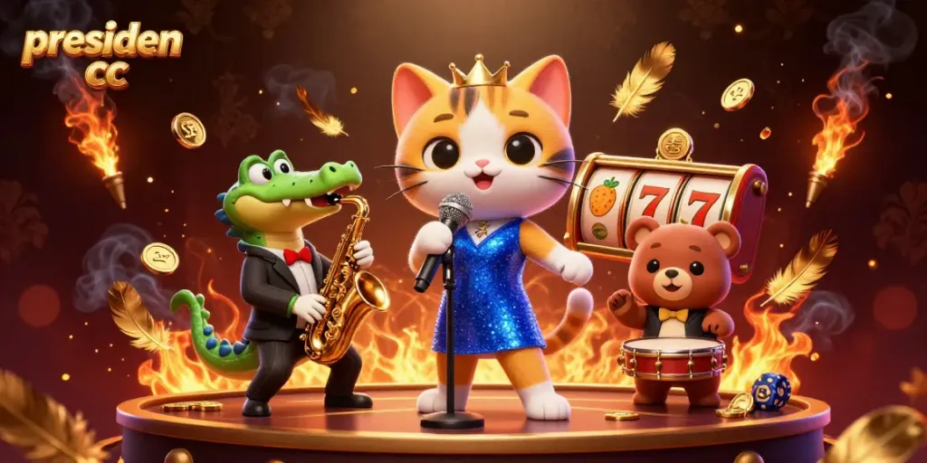 Experience the excitement of presiden cc with dynamic characters and lively casino elements in a vibrant scene.