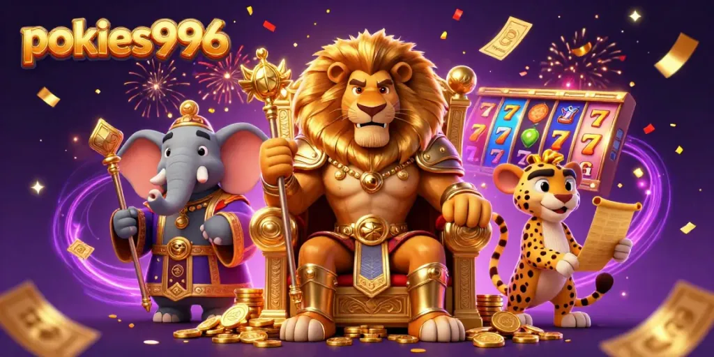 Engage in exciting spins at pokies996 with the lion king and his royal advisors in a vibrant casino scene.