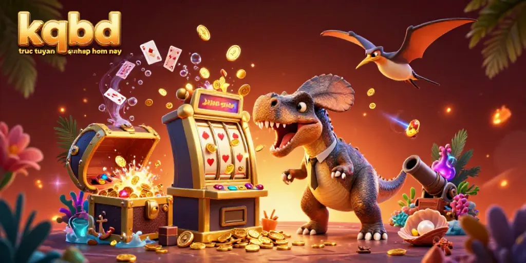 KQBD truc tuyen cap nhap hom nay showcases vibrant 3D illustration of characters celebrating jackpot winnings in a dynamic casino setting.