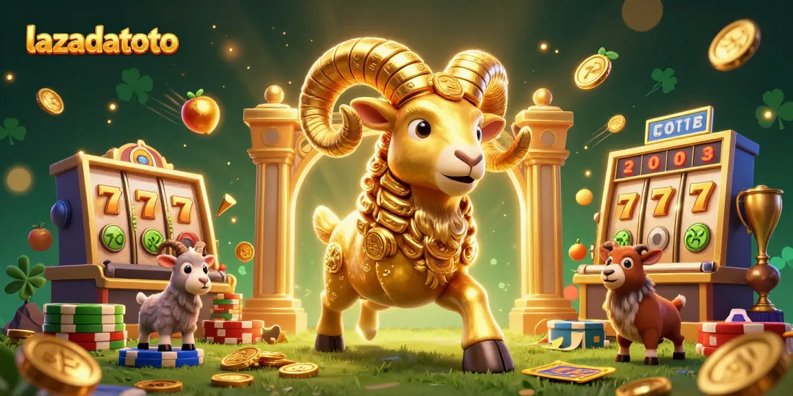 Experience thrilling wins with lazadatoto featuring 3D golden ram among vibrant casino elements.