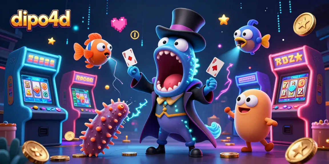 Dipo4d presents an engaging scene with a gulper eel magician performing card tricks among colorful casino elements.
