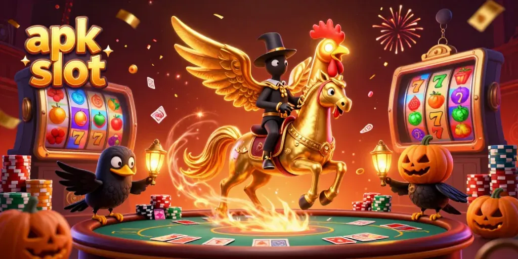 Gambarkan keseruan bermain apk slot di kasino malam dengan karakter unik dan simbol keberuntungan.