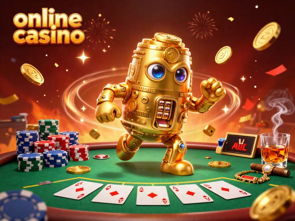 Experience dynamic online casino excitement with a golden golem and poker setup.