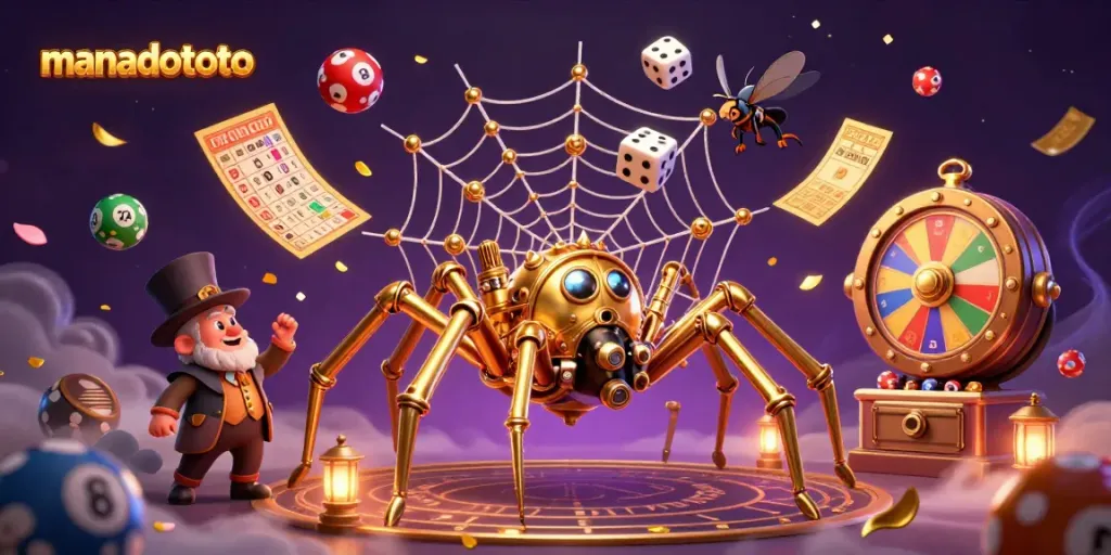 Experience thrilling games at manadototo with a whimsical spider and colorful lottery elements.