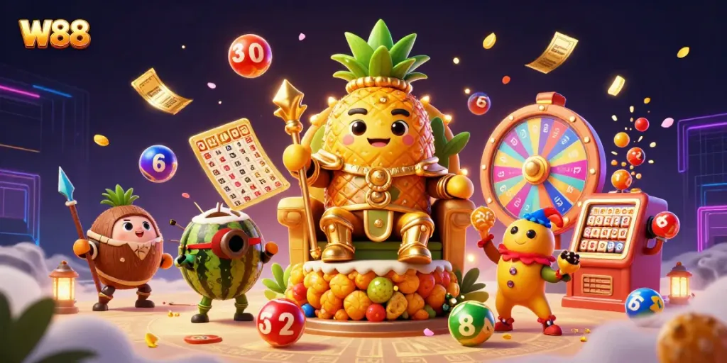 W88 casino scene with golden pineapple king and lottery elements creating engaging vibrancy.