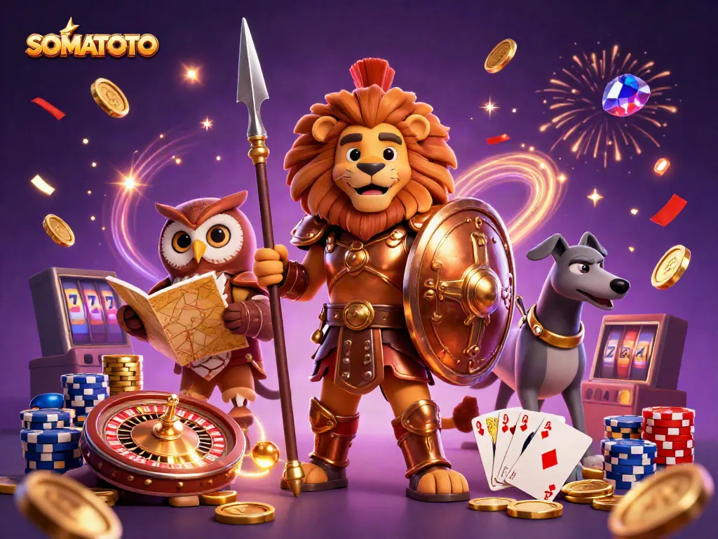 SOMATOTO showcases an epic online casino adventure with a Spartan lion, owl strategist, and swift greyhound amidst golden treasures.