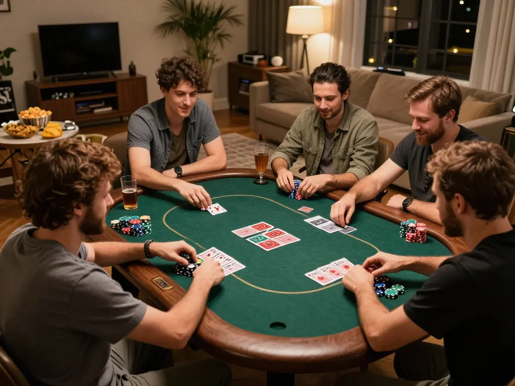 LGO99 Situs Game Online Terpercaya Di INDONESIA showcases a dynamic poker game scene with friends in a cozy home setting.