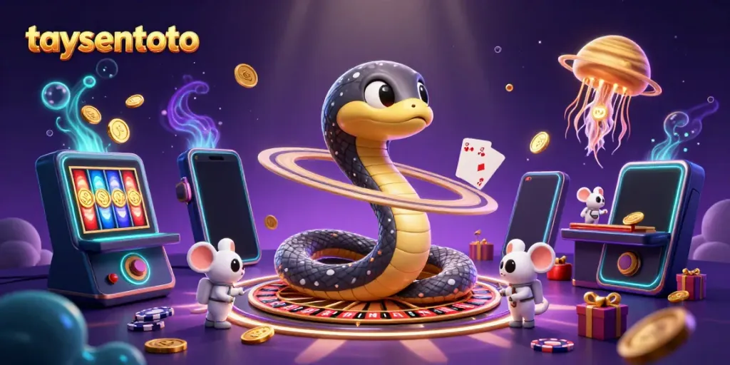 Visualisasi taysentoto dengan ular Saturnus berputar sebagai roda roulette dan tikus astronaut bertaruh.