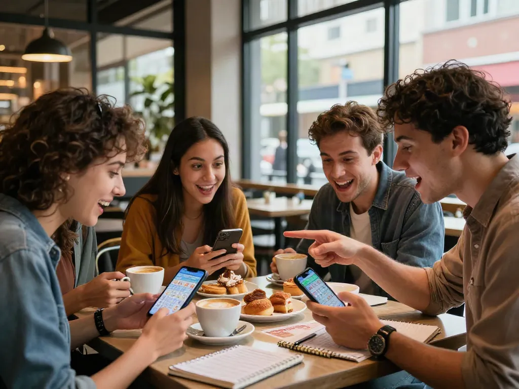 Sahabat-sahabat mengamati hasil Toto Macau 4D dengan penuh semangat di kafe modern, menciptakan suasana yang seru dan interaksi sosial.