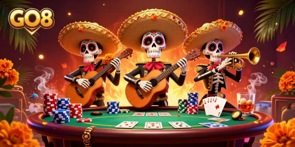 Interact with vibrant GO8 casino scene featuring a mariachi band surrounded by poker elements.