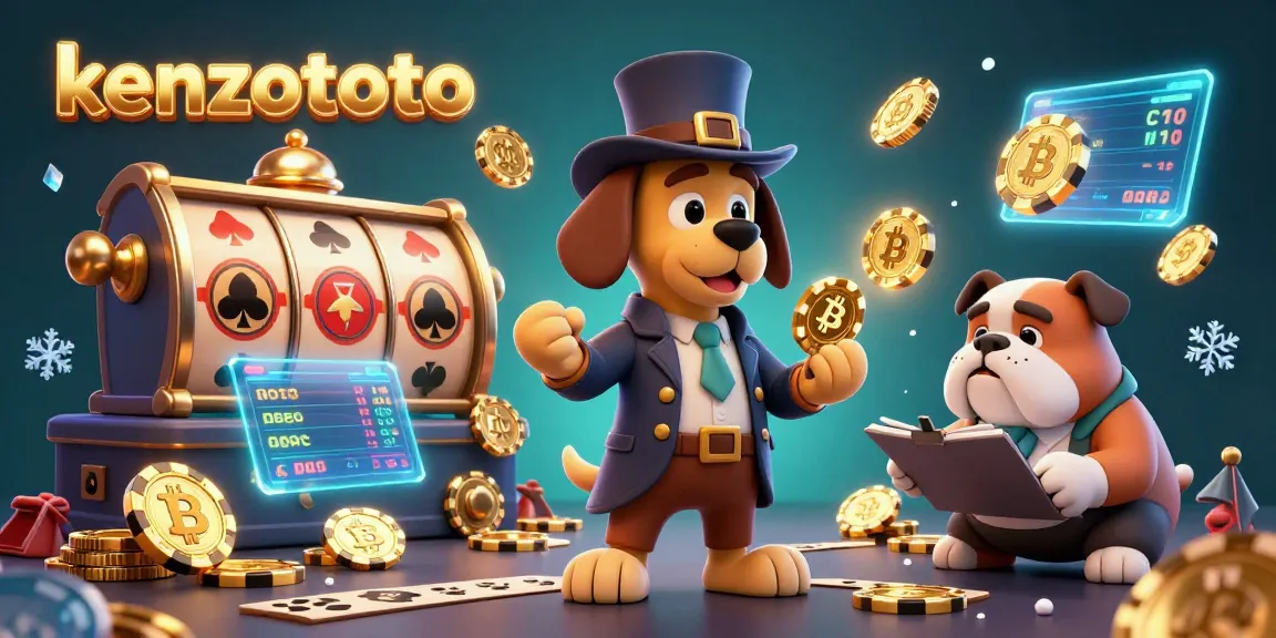 Kenzototo showcases a vibrant scene where a detective bloodhound finds poker clues amidst Bitcoin and Ethereum elements.