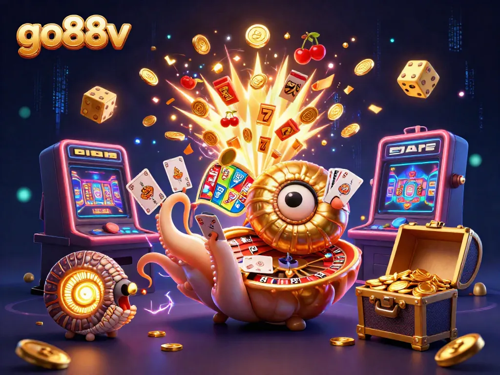 Engage in thrilling gameplay with go88v featuring a giant nautilus roulette, vibrant slot machine, and glowing treasures.
