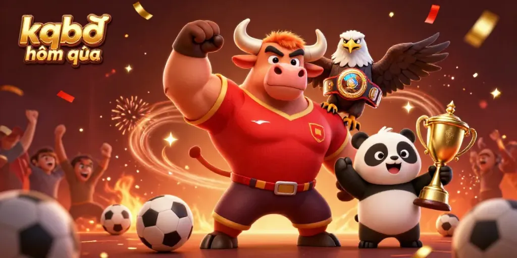 Celebrate kqbđ hôm qua with dynamic 3D sports characters and festive elements in vibrant colors.