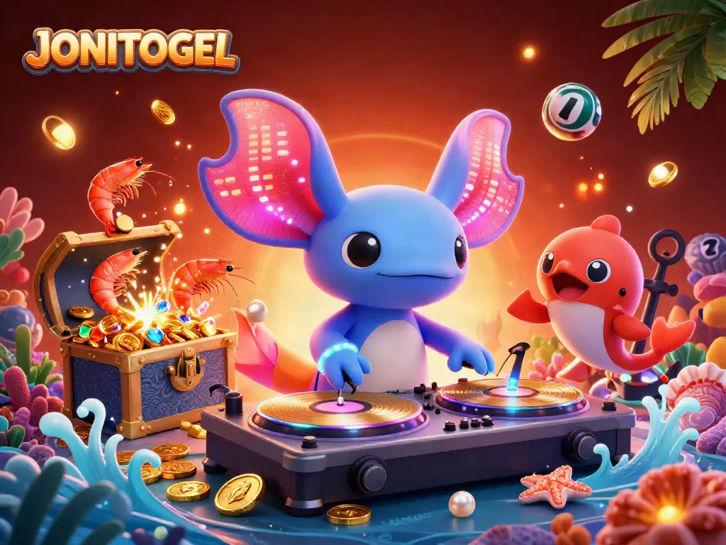 Experience the vibrant JONITOGEL underwater world with a neon axolotl DJ and lottery-themed treasures.
