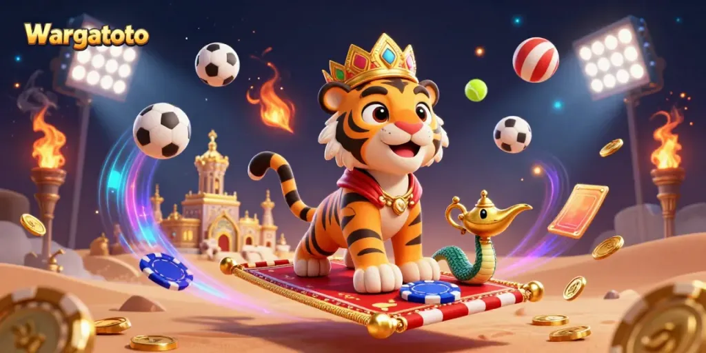 Wargatoto memberi tampilan menarik dengan karakter sultan macan pada karpet poker di latar belakang megah.