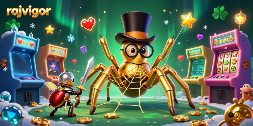 Engage with rajavigor's vibrant casino world, featuring a golden tarantula weaving a web of gold.