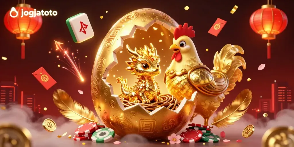 Experience excitement with jogjatoto as a golden dragon emerges from its treasure nest surrounded by vibrant casino elements.