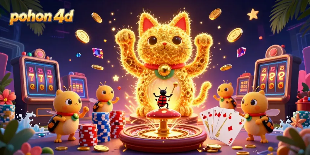 Engage in the vibrant world of pohon 4d with a giant lucky cat and shimmering casino symbols.