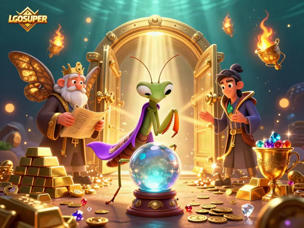 Engage in LGOSUPER gaming adventures with fortune tellers amidst treasures in 3D illustration.