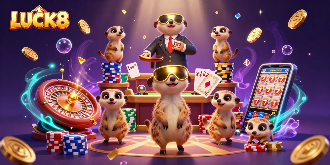 LUCK8 features meerkats managing a vibrant casino scene filled with sparkling chips and games.