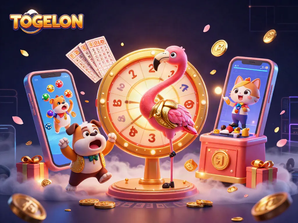 TOGELON's exciting lottery action unfolds with colorful balls and prizes in a vibrant 3D scene.