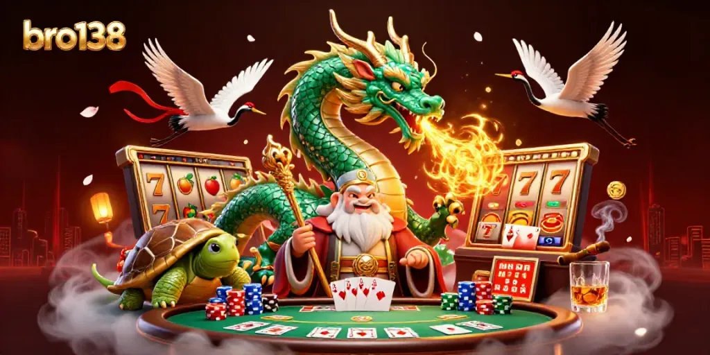 Experience thrilling gameplay at bro138 with a jade dragon and lucky cranes in a vibrant casino scene.