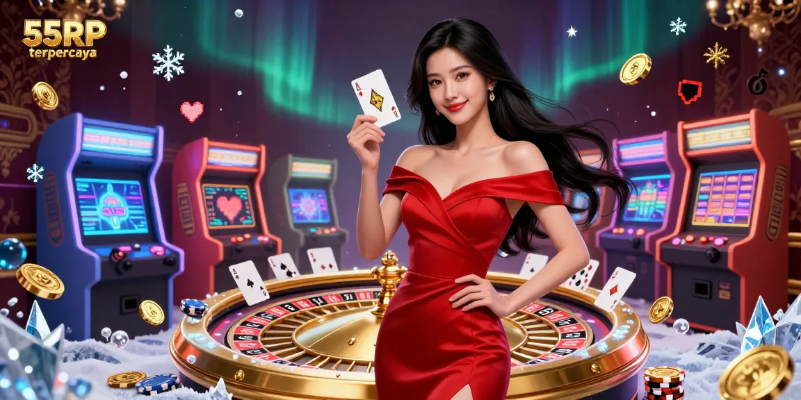 Experience the thrill of 55RP terpercaya with an elegant young woman beside a roulette wheel and glowing arcade games.